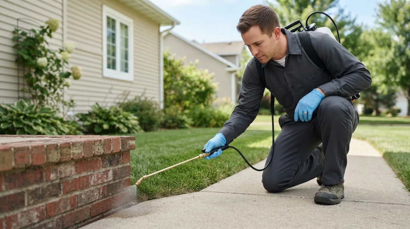 Pest control technician treating a home near Yuba City, CA